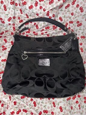 Coach Poppy Glam Black Signature Jacquard Hobo with Heart Zip Charm